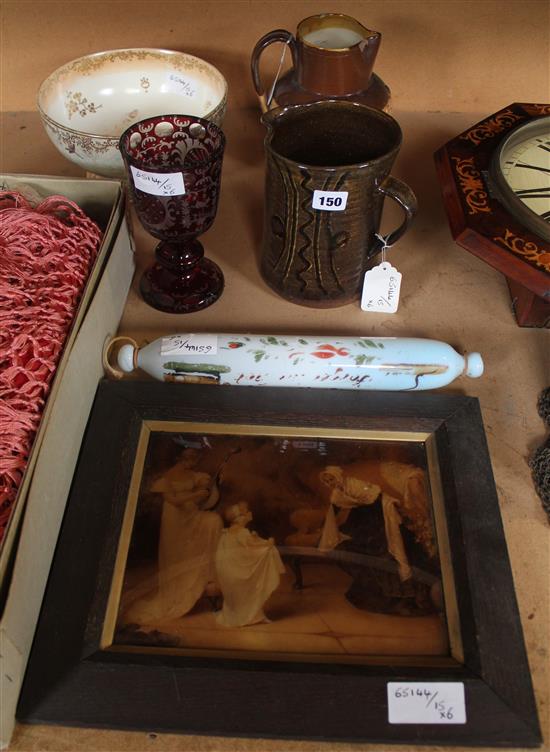 Bohemian glass goblet, Doulton harvest jug, Crown Devon bowl, Nailsea rolling pin, Art pottery mug & Victorian photogravure